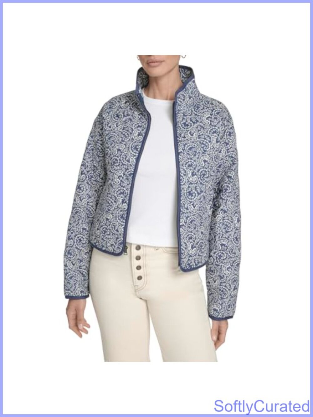 Diamond Quilted Cotton Jacket Zip Front Stand Collar Lightweight